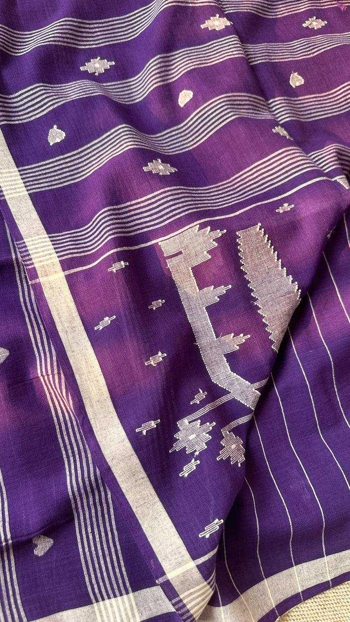 PREMIUM JAMDANI WEAVE HANDWOVEN AND HANDSPUN COTTON SAREE - IMPERIAL PURPLE