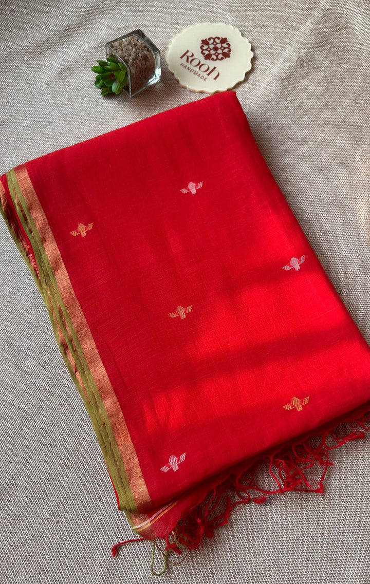 PREMIUM JAMDANI WEAVE HANDWOVEN AND HANDSPUN COTTON SAREE - VERMILLION RED (AVAILABLE ON PRE ORDER - DISPATCH TIME IS 30 TO 40 DAYS)