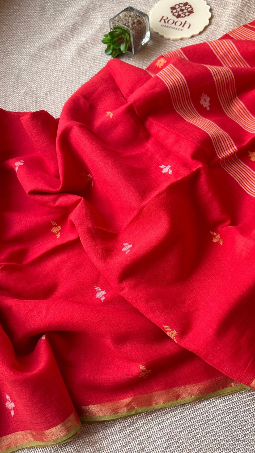 PREMIUM JAMDANI WEAVE HANDWOVEN AND HANDSPUN COTTON SAREE - VERMILLION RED (AVAILABLE ON PRE ORDER - DISPATCH TIME IS 30 TO 40 DAYS)