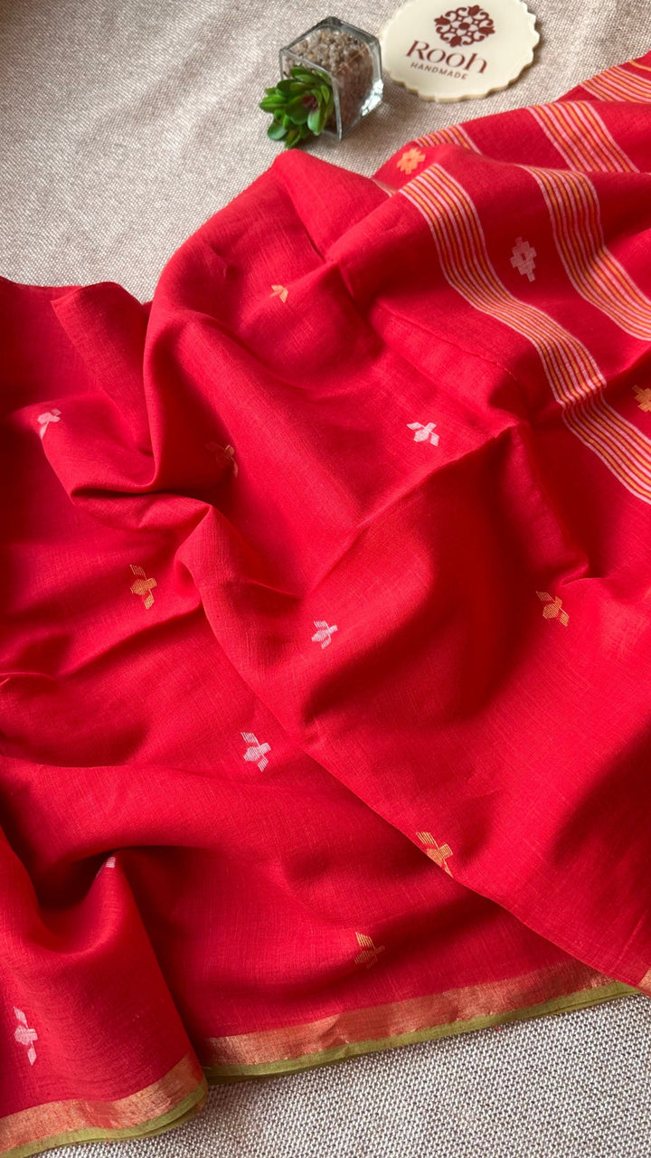 PREMIUM JAMDANI WEAVE HANDWOVEN AND HANDSPUN COTTON SAREE - VERMILLION RED (AVAILABLE ON PRE ORDER - DISPATCH TIME IS 30 TO 40 DAYS)