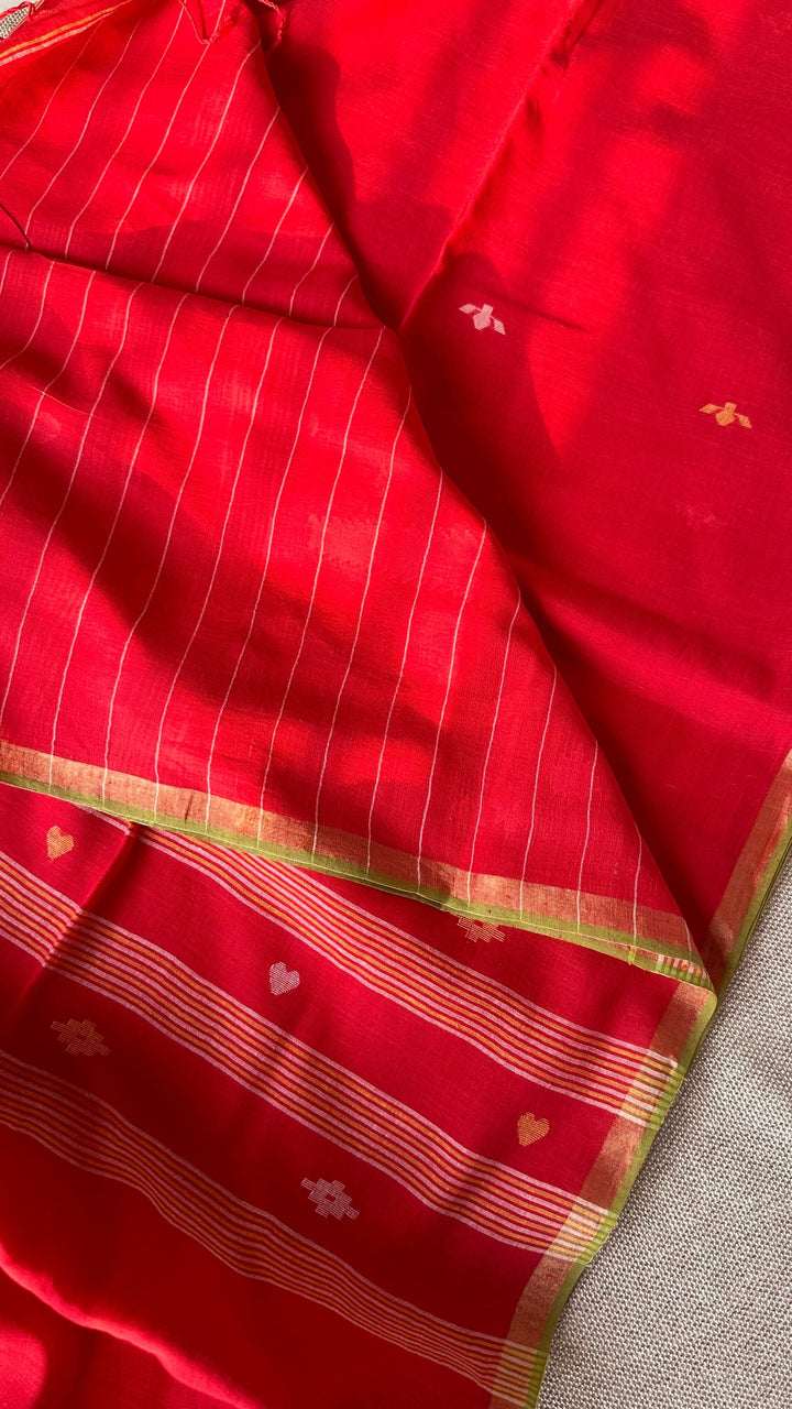PREMIUM JAMDANI WEAVE HANDWOVEN AND HANDSPUN COTTON SAREE - VERMILLION RED (AVAILABLE ON PRE ORDER - DISPATCH TIME IS 30 TO 40 DAYS)