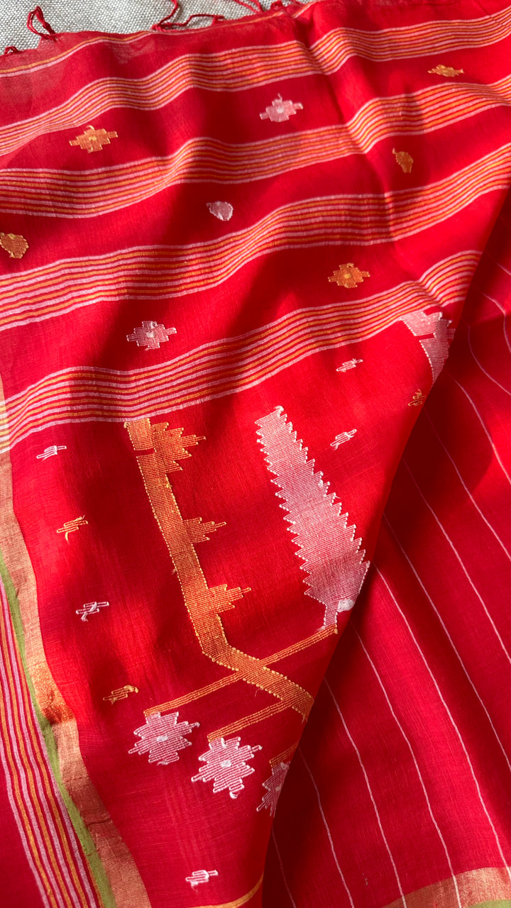 PREMIUM JAMDANI WEAVE HANDWOVEN AND HANDSPUN COTTON SAREE - VERMILLION RED (AVAILABLE ON PRE ORDER - DISPATCH TIME IS 30 TO 40 DAYS)