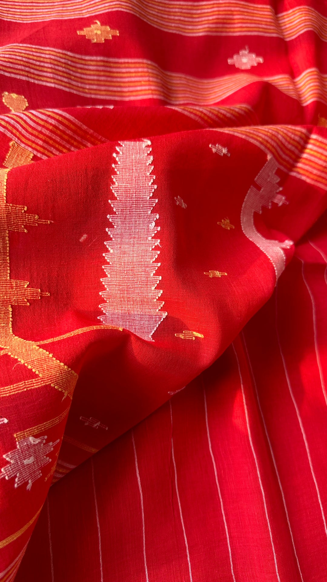 PREMIUM JAMDANI WEAVE HANDWOVEN AND HANDSPUN COTTON SAREE - VERMILLION RED (AVAILABLE ON PRE ORDER - DISPATCH TIME IS 30 TO 40 DAYS)