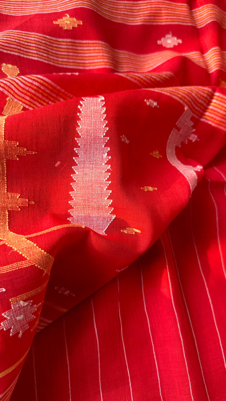 PREMIUM JAMDANI WEAVE HANDWOVEN AND HANDSPUN COTTON SAREE - VERMILLION RED (AVAILABLE ON PRE ORDER - DISPATCH TIME IS 30 TO 40 DAYS)