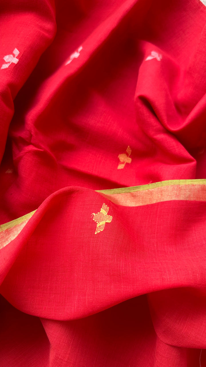 PREMIUM JAMDANI WEAVE HANDWOVEN AND HANDSPUN COTTON SAREE - VERMILLION RED (AVAILABLE ON PRE ORDER - DISPATCH TIME IS 30 TO 40 DAYS)