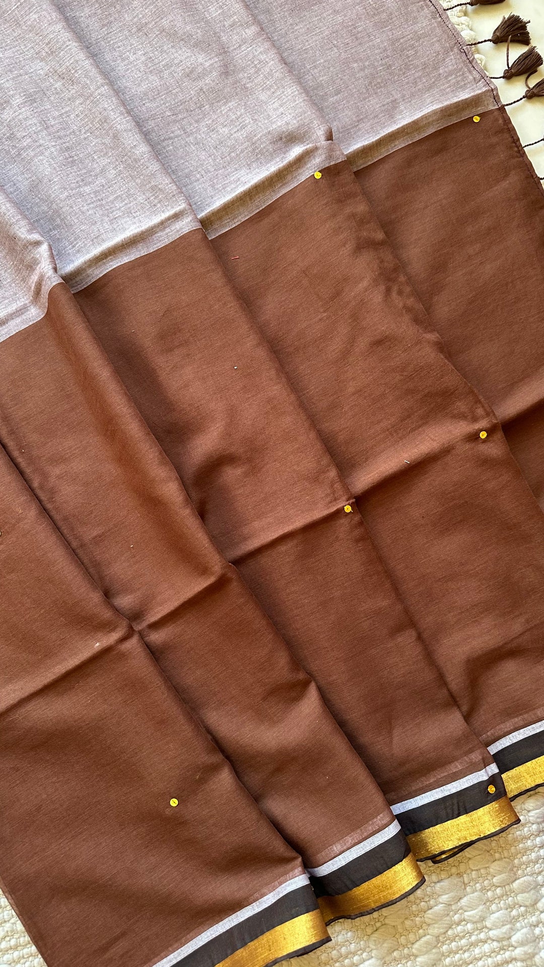 GREY AND  BROWN HALF & HALF -  SUPER SOFT MUL COTTON SAREE
