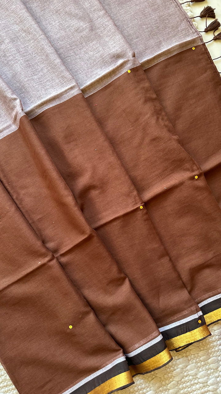 GREY AND  BROWN HALF & HALF -  SUPER SOFT MUL COTTON SAREE