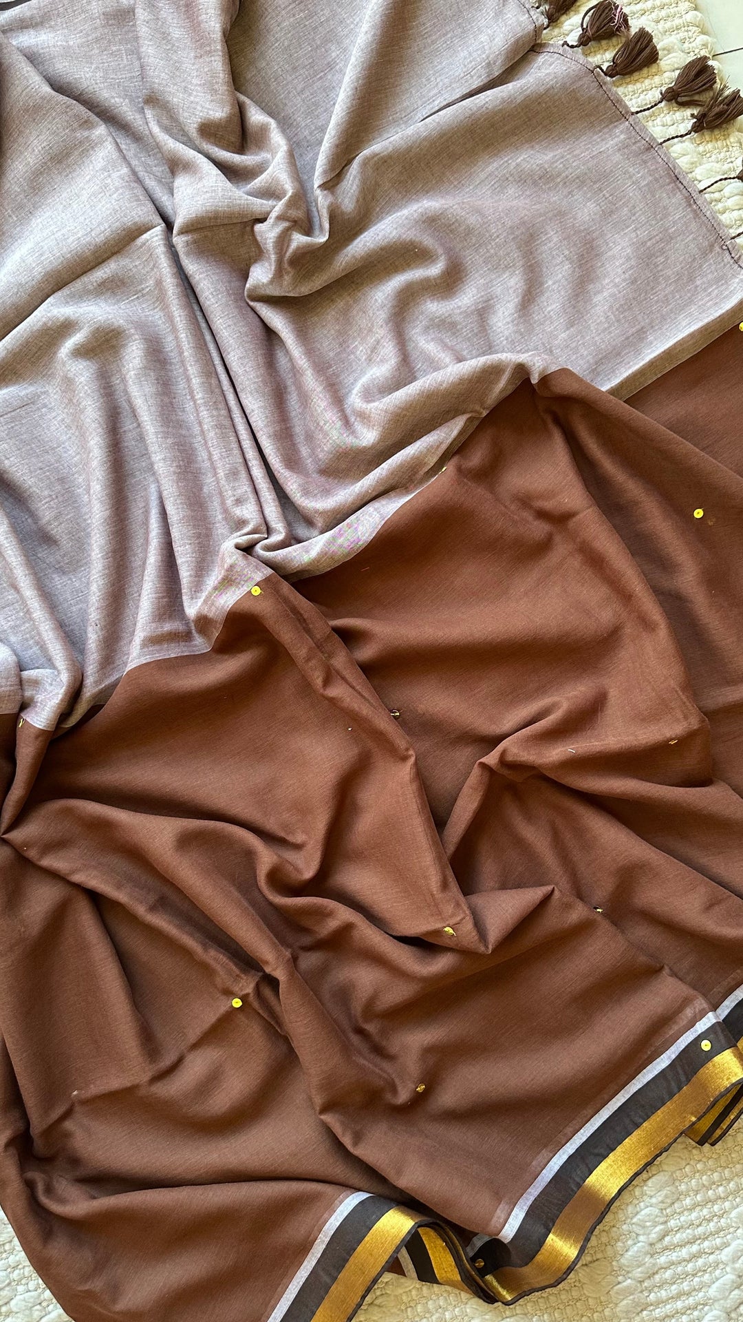 GREY AND  BROWN HALF & HALF -  SUPER SOFT MUL COTTON SAREE