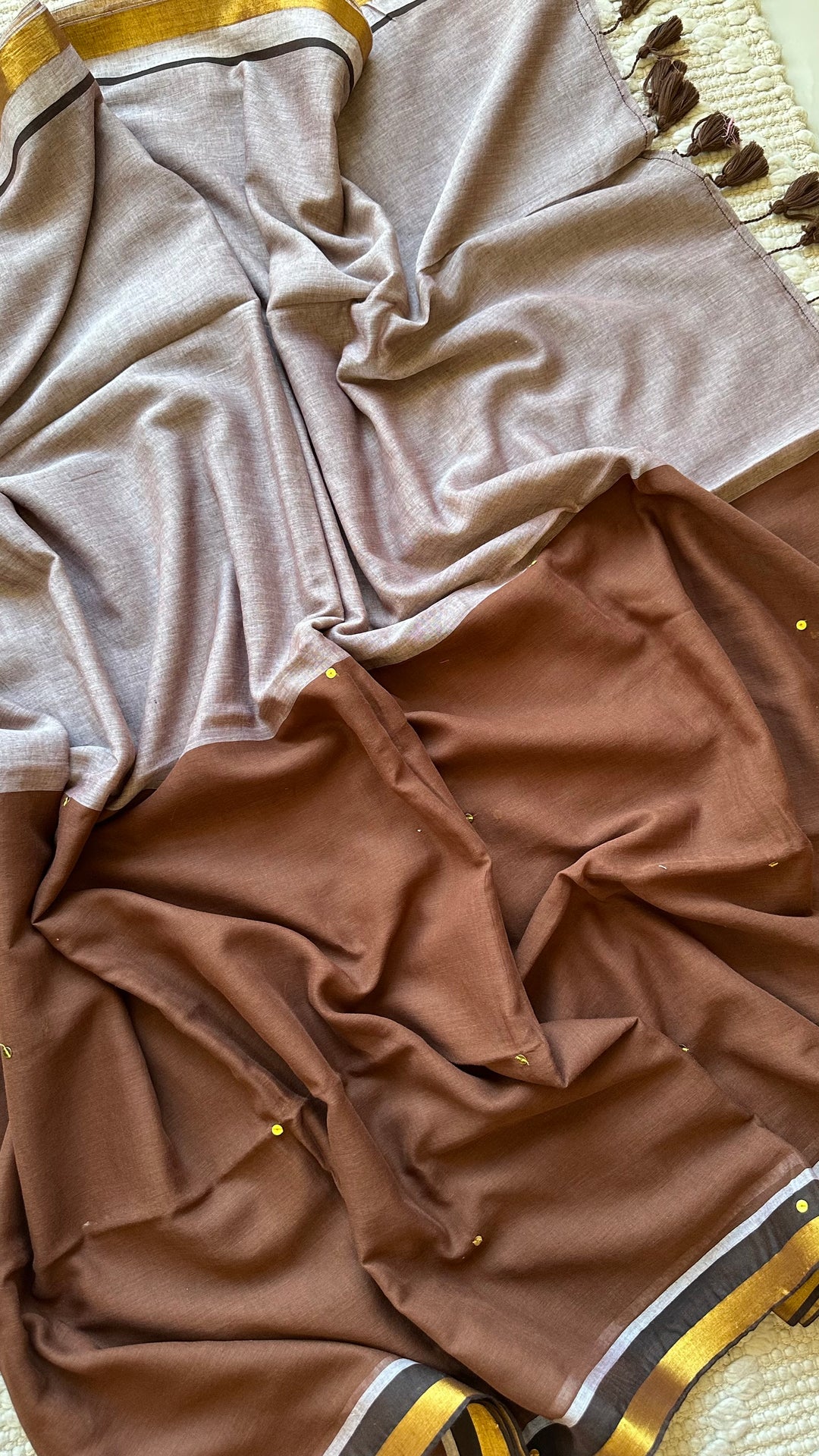 GREY AND  BROWN HALF & HALF -  SUPER SOFT MUL COTTON SAREE