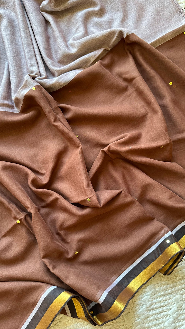 GREY AND  BROWN HALF & HALF -  SUPER SOFT MUL COTTON SAREE