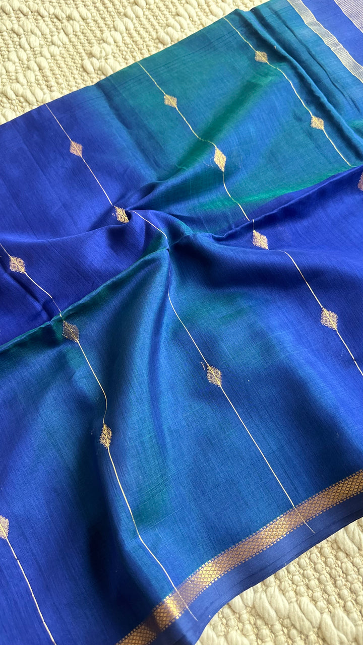 PEACOCK BLUE - PREMIUM HANDWOVEN MAHESHWARI SILK BY COTTON SAREE