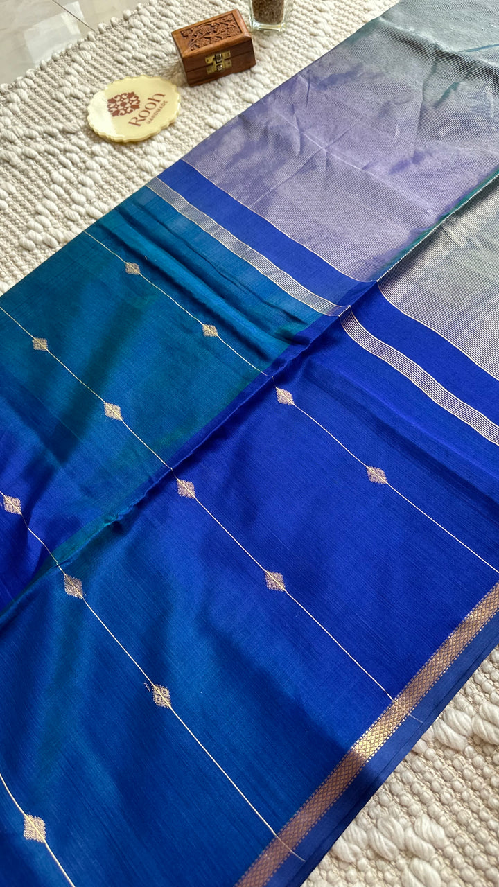 PEACOCK BLUE - PREMIUM HANDWOVEN MAHESHWARI SILK BY COTTON SAREE
