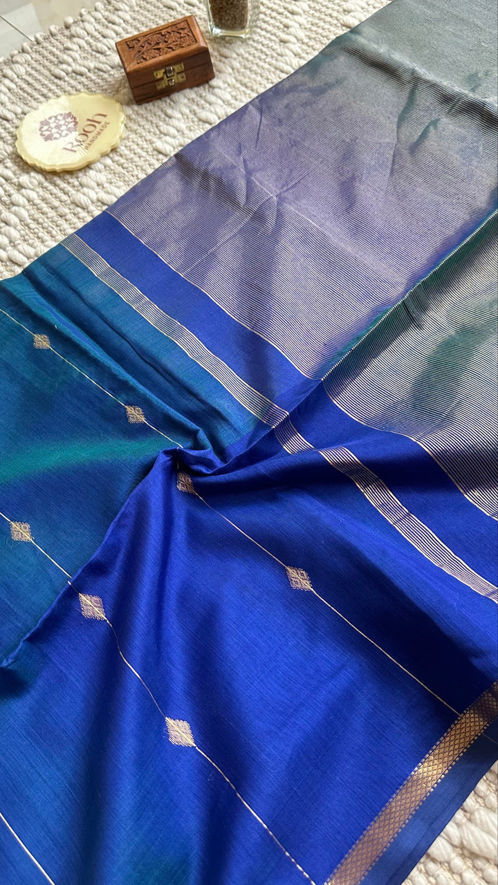 PEACOCK BLUE - PREMIUM HANDWOVEN MAHESHWARI SILK BY COTTON SAREE