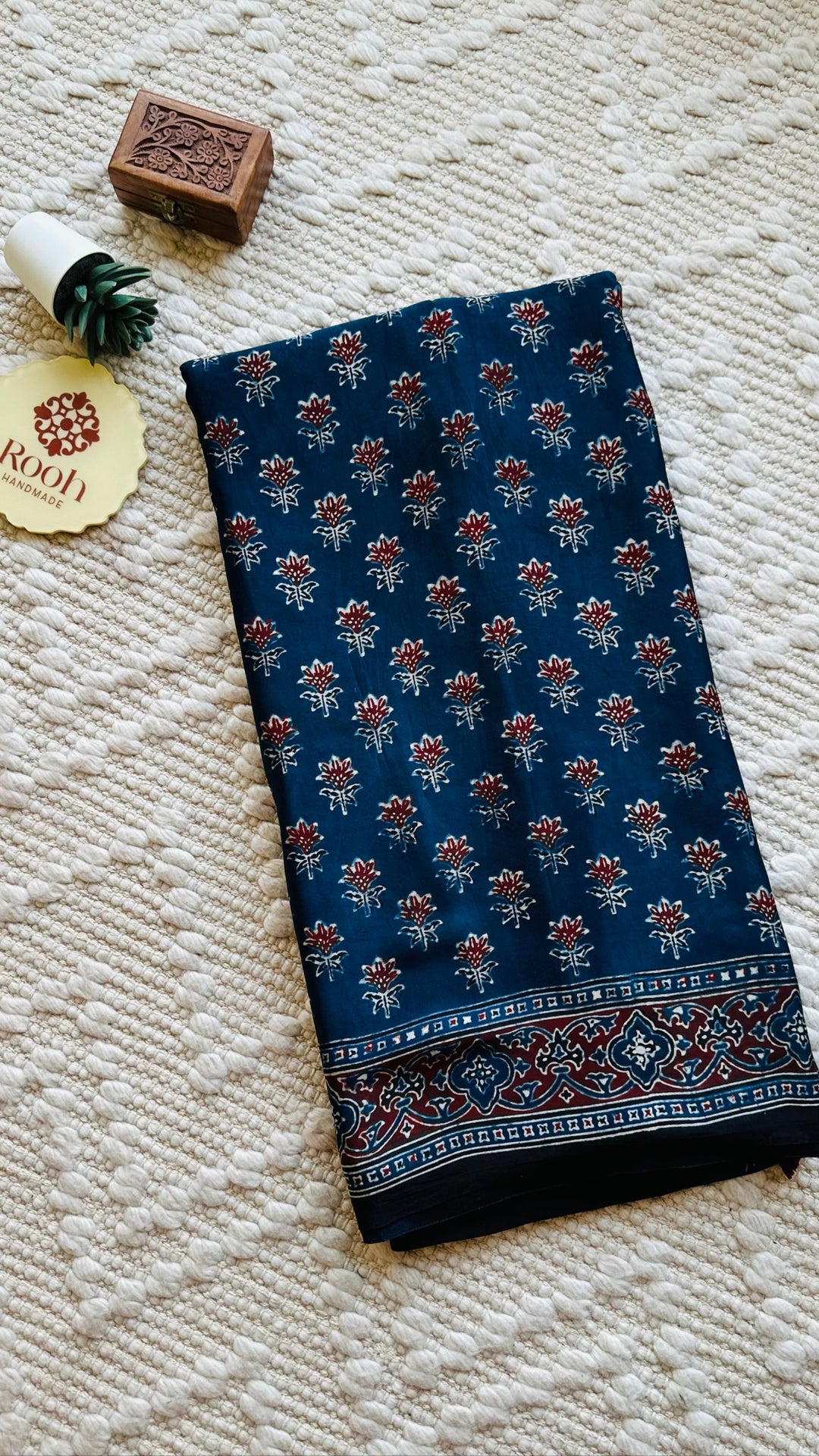 NILEEMA- INDIGO AJRAKH HAND BLOCK PRINTED PREMIUM MODAL SILK SAREE (ONLY AVAILABLE ON PRE ORDER - DISPATCH TIME IS 45-50 DAYS)