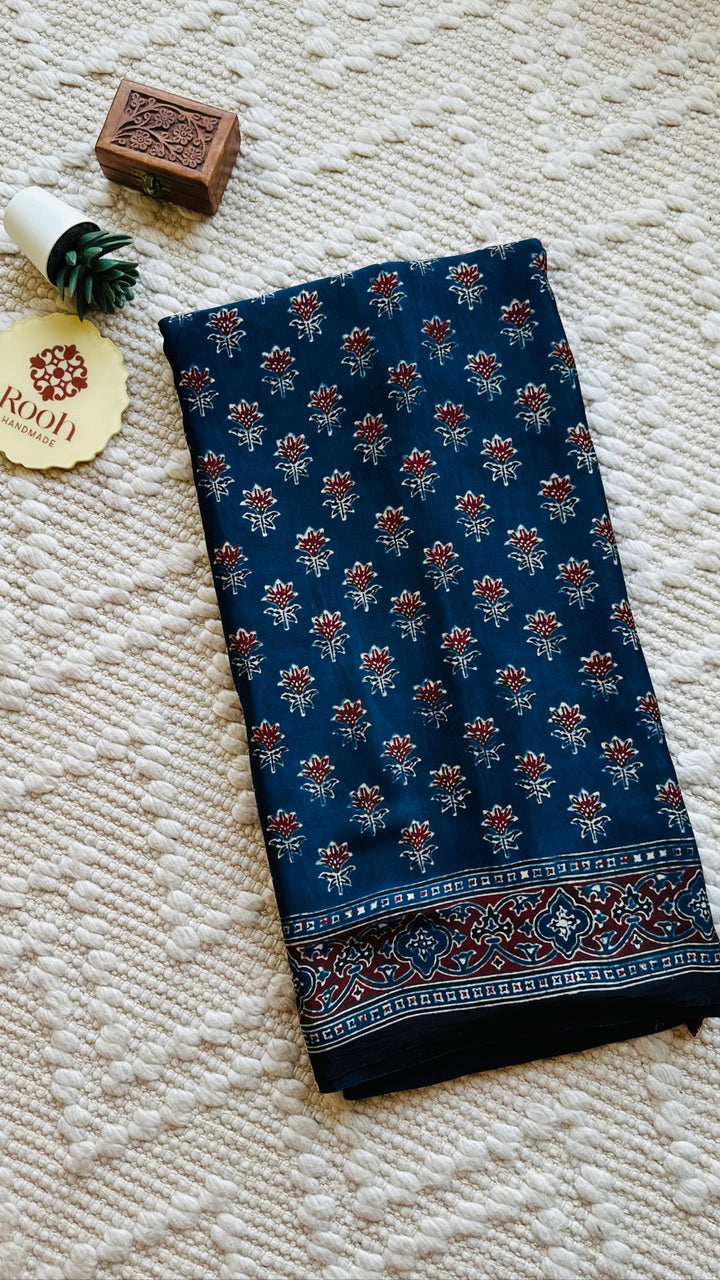 NILEEMA- INDIGO AJRAKH HAND BLOCK PRINTED PREMIUM MODAL SILK SAREE (ONLY AVAILABLE ON PRE ORDER - DISPATCH TIME IS 45-50 DAYS)