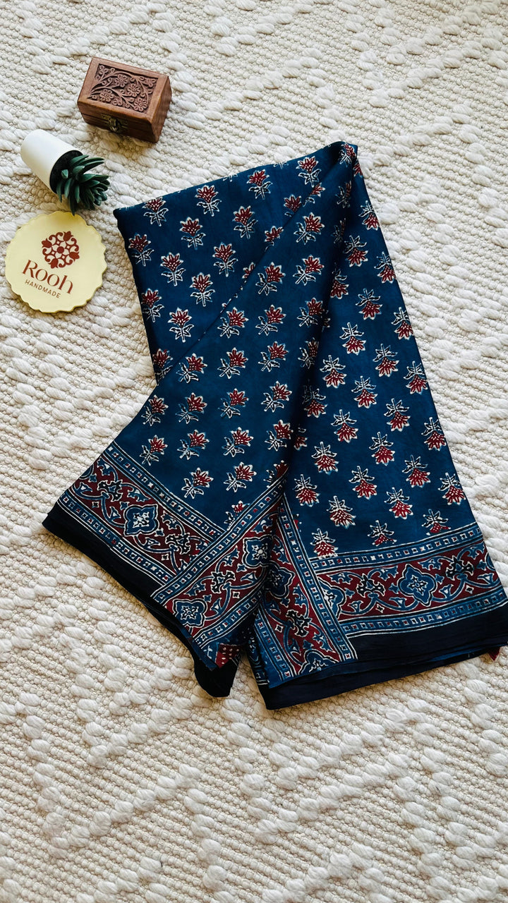 NILEEMA- INDIGO AJRAKH HAND BLOCK PRINTED PREMIUM MODAL SILK SAREE (ONLY AVAILABLE ON PRE ORDER - DISPATCH TIME IS 45-50 DAYS)