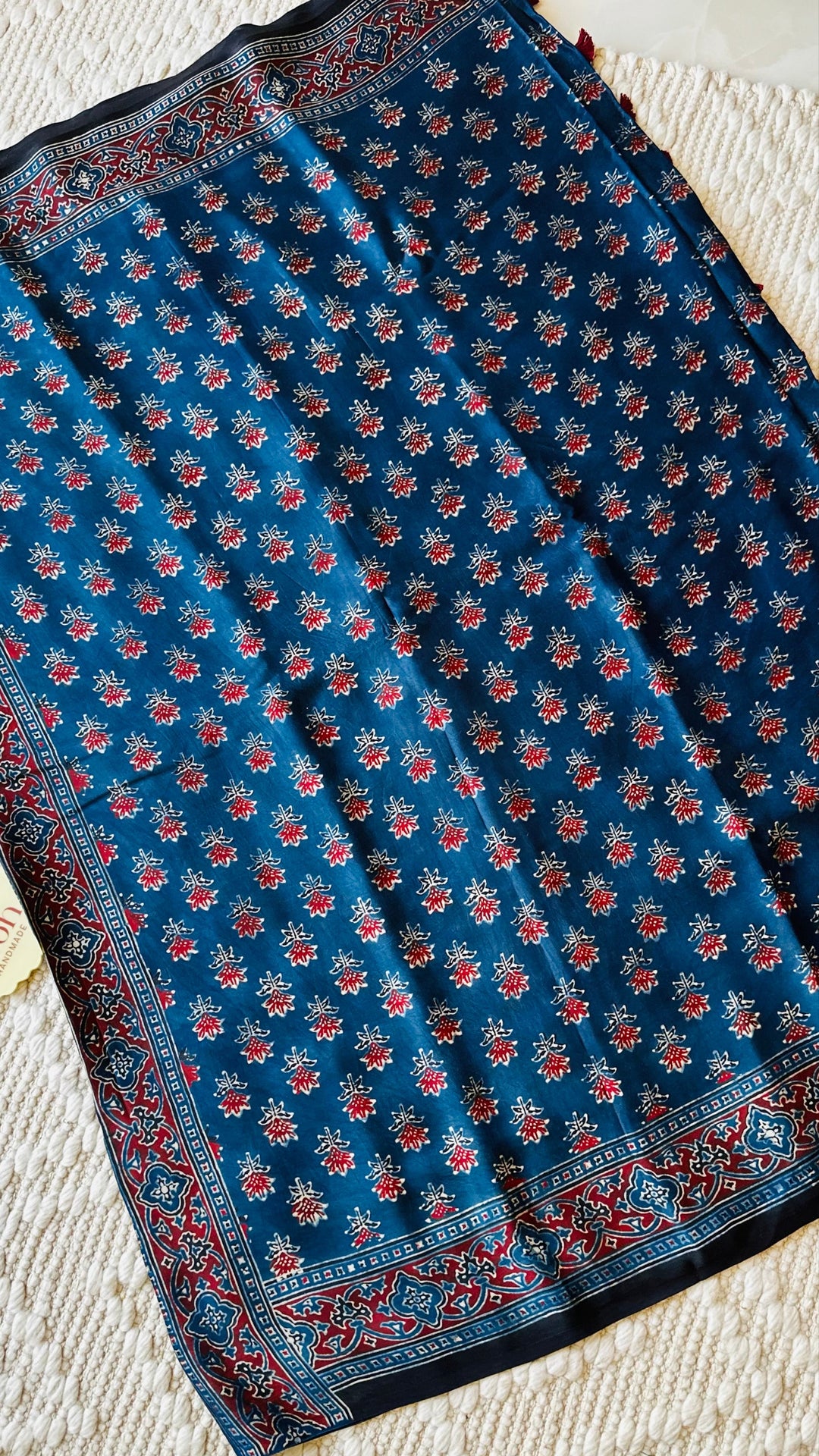 NILEEMA- INDIGO AJRAKH HAND BLOCK PRINTED PREMIUM MODAL SILK SAREE (ONLY AVAILABLE ON PRE ORDER - DISPATCH TIME IS 45-50 DAYS)
