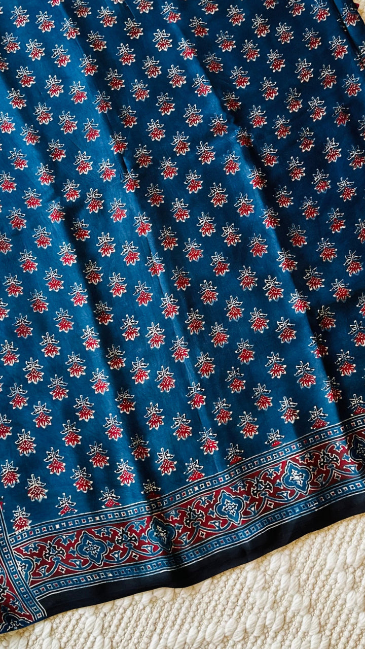 NILEEMA- INDIGO AJRAKH HAND BLOCK PRINTED PREMIUM MODAL SILK SAREE (ONLY AVAILABLE ON PRE ORDER - DISPATCH TIME IS 45-50 DAYS)