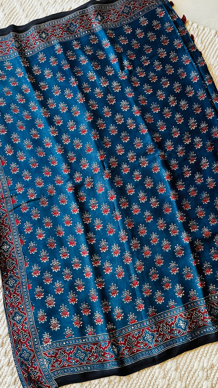 NILEEMA- INDIGO AJRAKH HAND BLOCK PRINTED PREMIUM MODAL SILK SAREE (ONLY AVAILABLE ON PRE ORDER - DISPATCH TIME IS 45-50 DAYS)