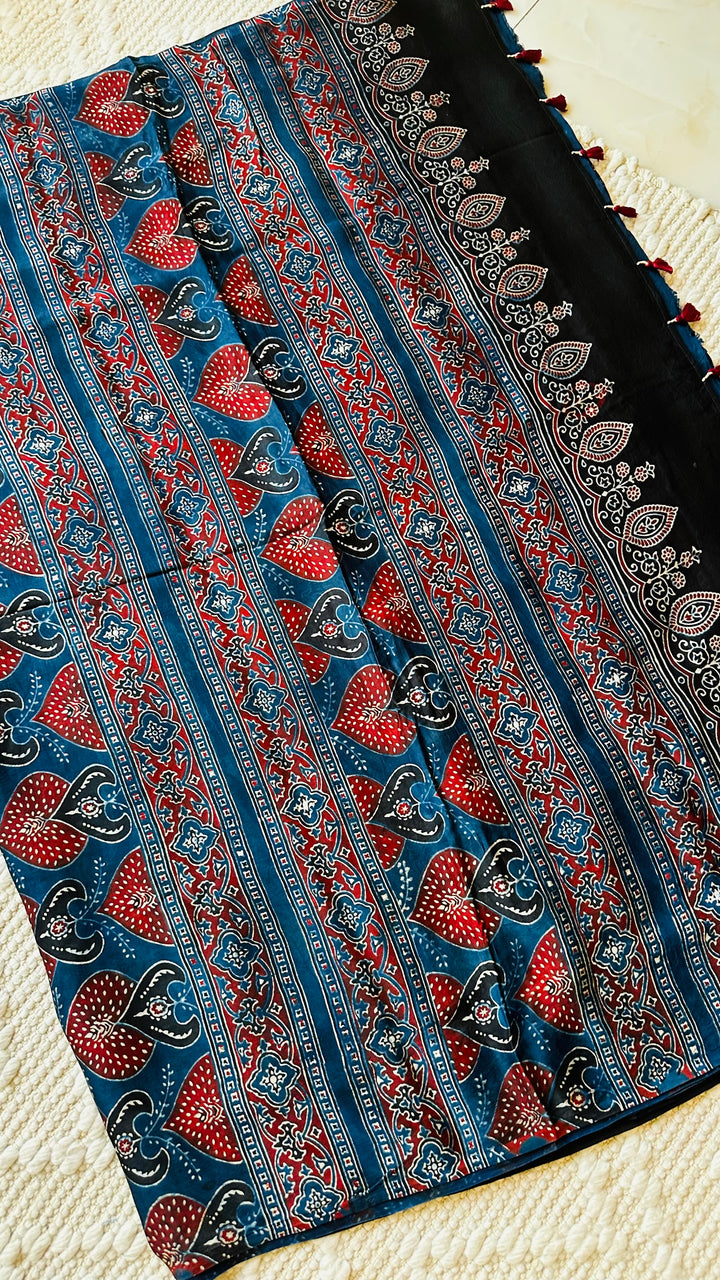 NILEEMA- INDIGO AJRAKH HAND BLOCK PRINTED PREMIUM MODAL SILK SAREE (ONLY AVAILABLE ON PRE ORDER - DISPATCH TIME IS 45-50 DAYS)
