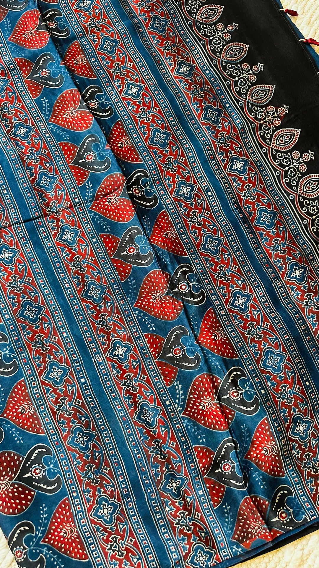 NILEEMA- INDIGO AJRAKH HAND BLOCK PRINTED PREMIUM MODAL SILK SAREE (ONLY AVAILABLE ON PRE ORDER - DISPATCH TIME IS 45-50 DAYS)