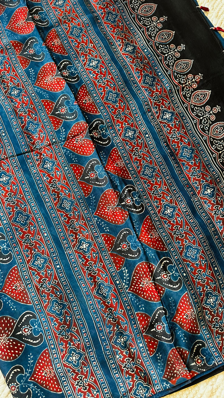 NILEEMA- INDIGO AJRAKH HAND BLOCK PRINTED PREMIUM MODAL SILK SAREE (ONLY AVAILABLE ON PRE ORDER - DISPATCH TIME IS 45-50 DAYS)