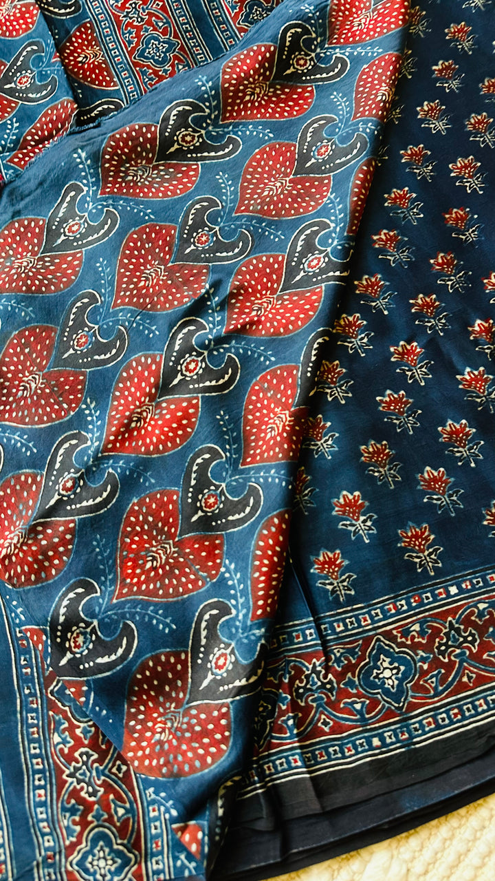NILEEMA- INDIGO AJRAKH HAND BLOCK PRINTED PREMIUM MODAL SILK SAREE (ONLY AVAILABLE ON PRE ORDER - DISPATCH TIME IS 45-50 DAYS)