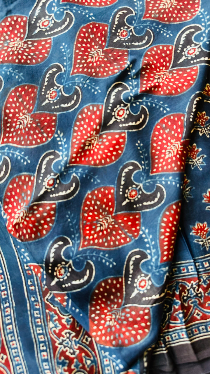 NILEEMA- INDIGO AJRAKH HAND BLOCK PRINTED PREMIUM MODAL SILK SAREE (ONLY AVAILABLE ON PRE ORDER - DISPATCH TIME IS 45-50 DAYS)