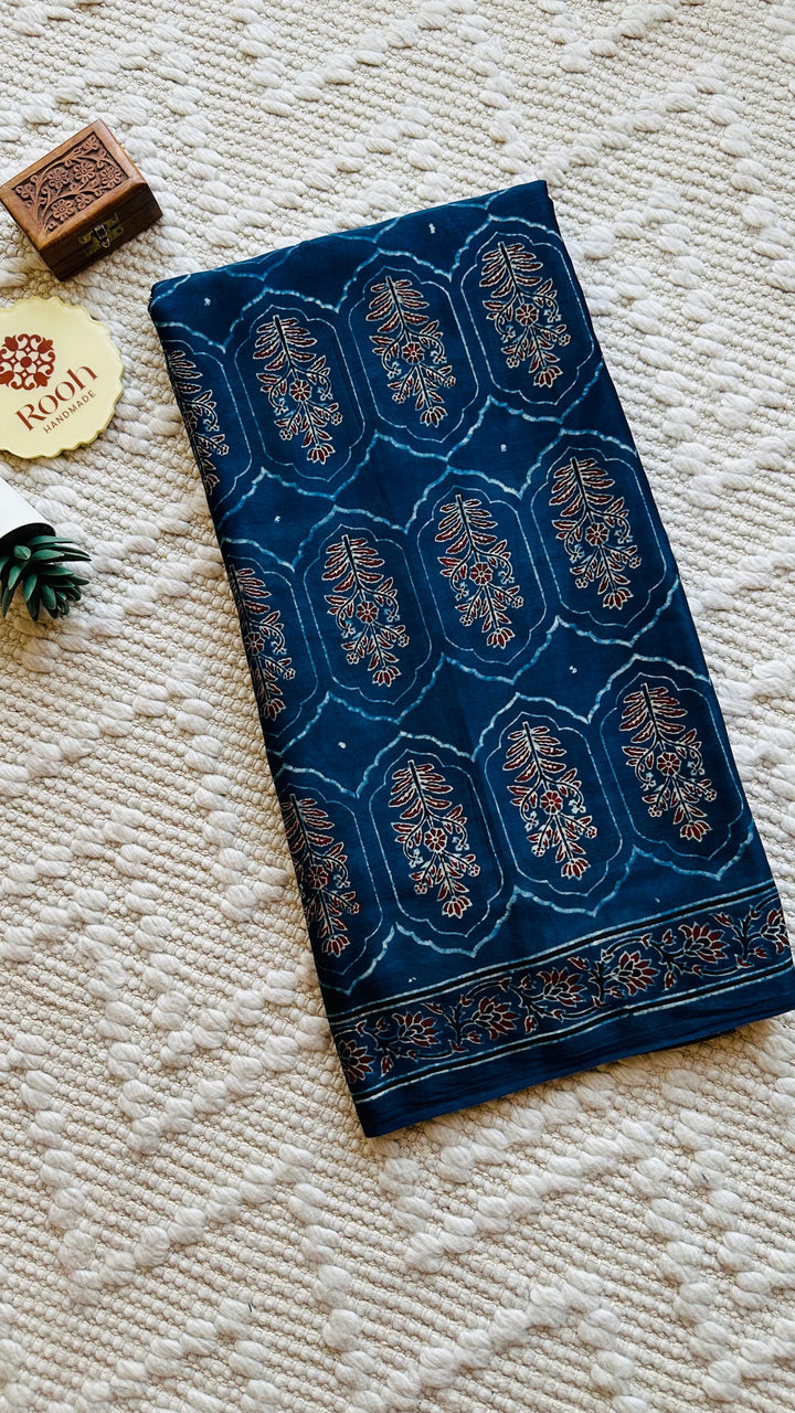 JHAROKHA- INDIGO AJRAKH HAND BLOCK PRINTED PREMIUM MODAL SILK SAREE (ONLY AVAILABLE ON PRE-ORDER - DISPATCH TIME IS 45-50 DAYS)