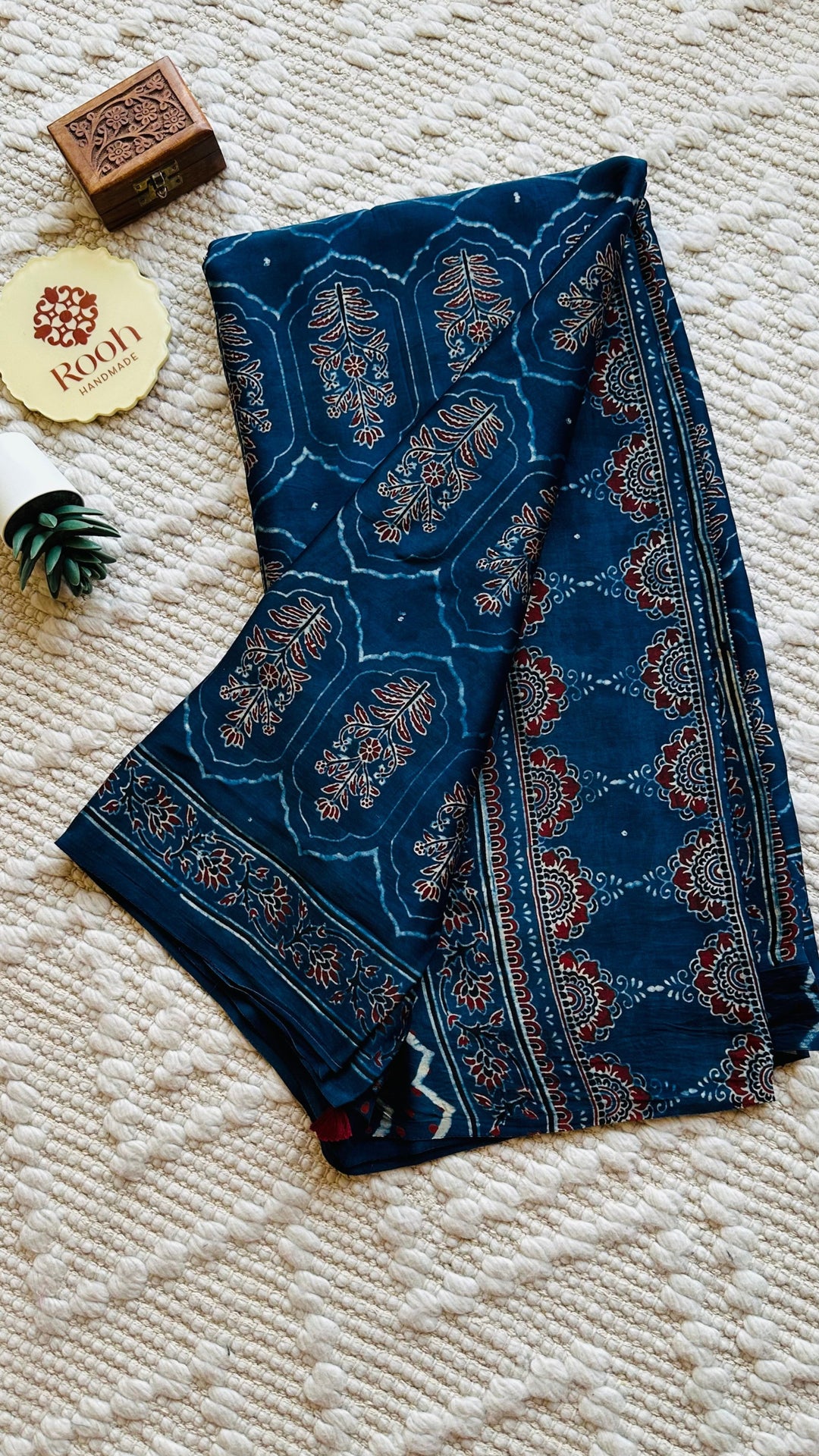 JHAROKHA- INDIGO AJRAKH HAND BLOCK PRINTED PREMIUM MODAL SILK SAREE (ONLY AVAILABLE ON PRE-ORDER - DISPATCH TIME IS 45-50 DAYS)
