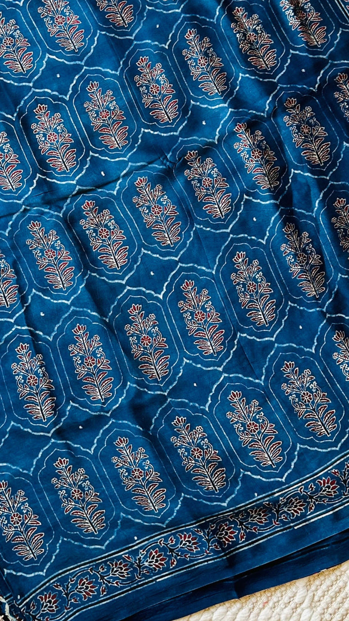 JHAROKHA- INDIGO AJRAKH HAND BLOCK PRINTED PREMIUM MODAL SILK SAREE (ONLY AVAILABLE ON PRE-ORDER - DISPATCH TIME IS 45-50 DAYS)