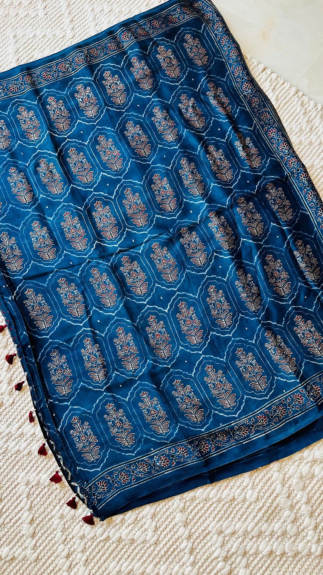 JHAROKHA- INDIGO AJRAKH HAND BLOCK PRINTED PREMIUM MODAL SILK SAREE (ONLY AVAILABLE ON PRE-ORDER - DISPATCH TIME IS 45-50 DAYS)
