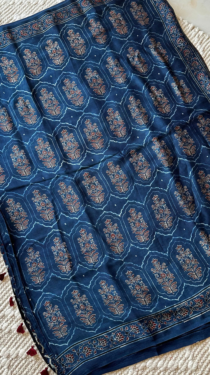 JHAROKHA- INDIGO AJRAKH HAND BLOCK PRINTED PREMIUM MODAL SILK SAREE (ONLY AVAILABLE ON PRE-ORDER - DISPATCH TIME IS 45-50 DAYS)