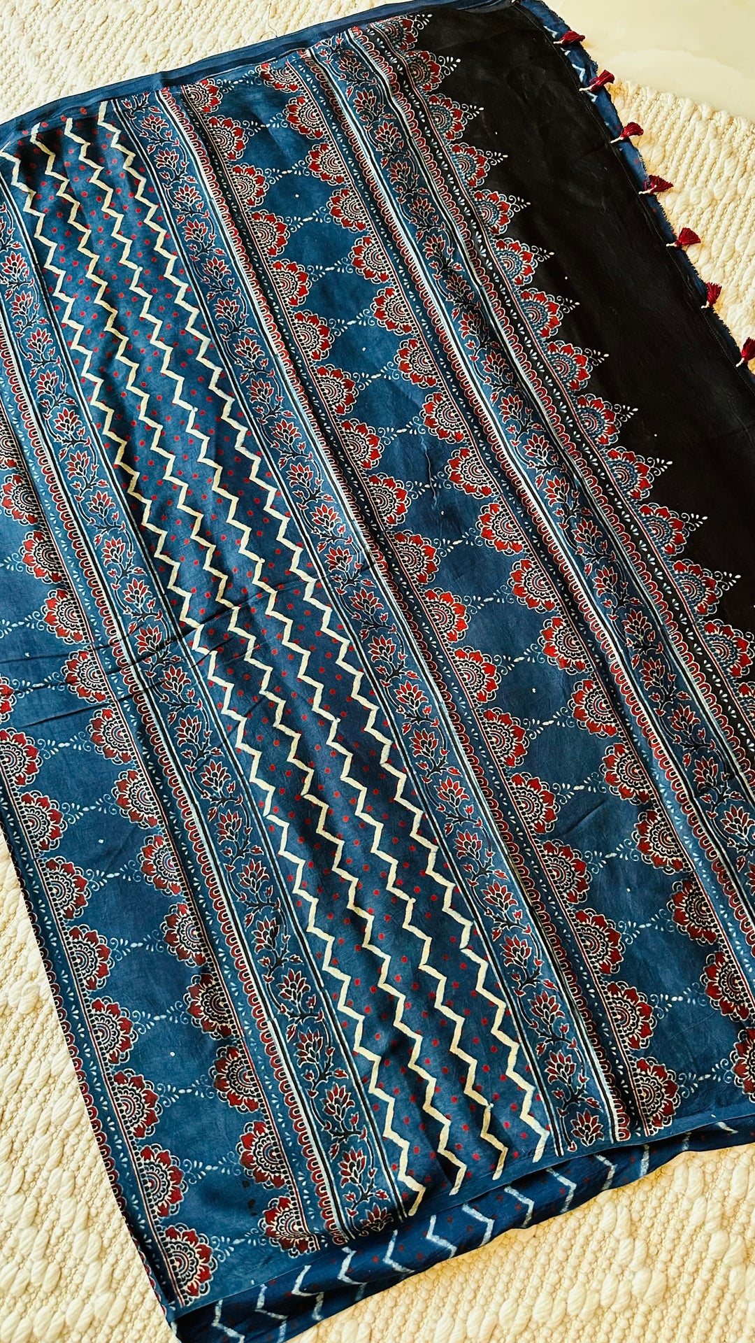 JHAROKHA- INDIGO AJRAKH HAND BLOCK PRINTED PREMIUM MODAL SILK SAREE (ONLY AVAILABLE ON PRE-ORDER - DISPATCH TIME IS 45-50 DAYS)