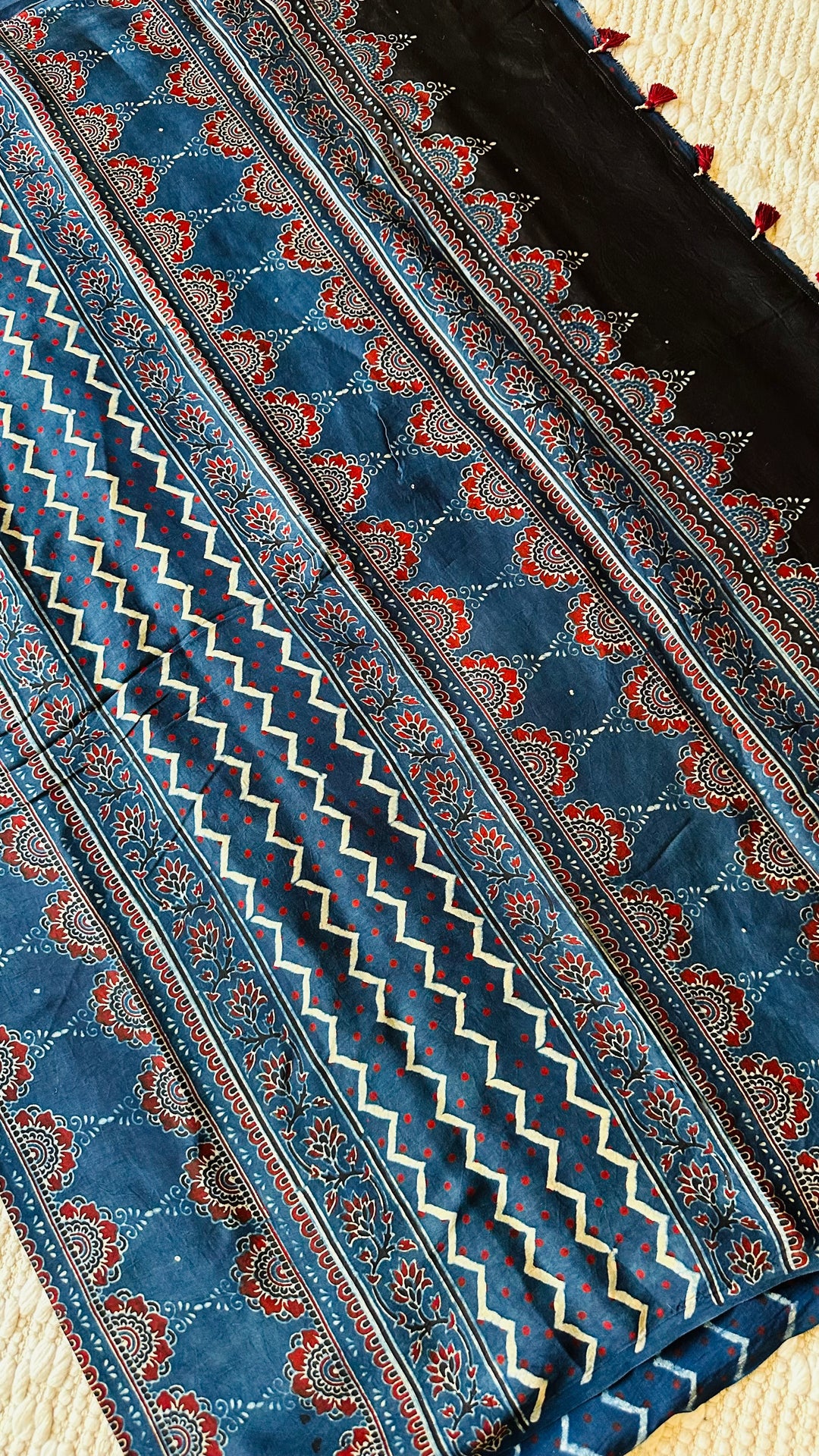 JHAROKHA- INDIGO AJRAKH HAND BLOCK PRINTED PREMIUM MODAL SILK SAREE (ONLY AVAILABLE ON PRE-ORDER - DISPATCH TIME IS 45-50 DAYS)