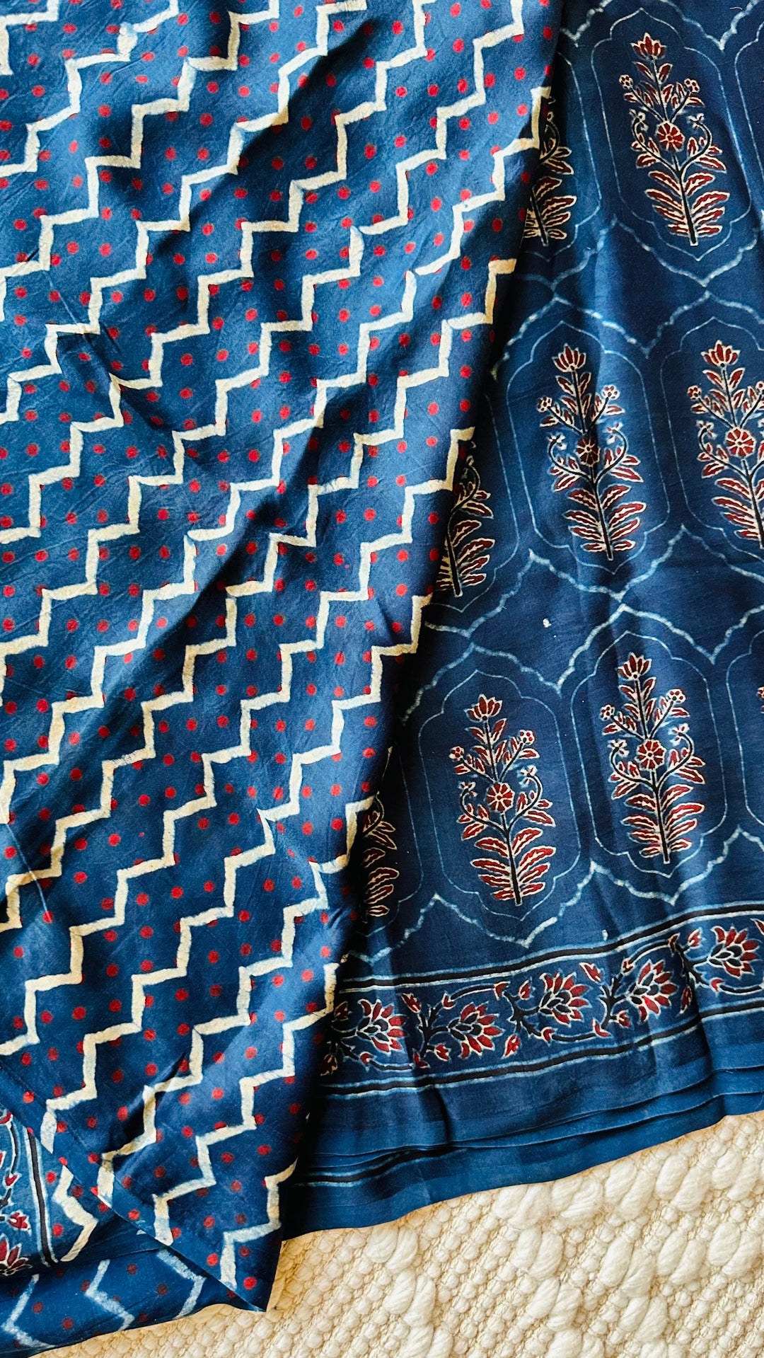 JHAROKHA- INDIGO AJRAKH HAND BLOCK PRINTED PREMIUM MODAL SILK SAREE (ONLY AVAILABLE ON PRE-ORDER - DISPATCH TIME IS 45-50 DAYS)