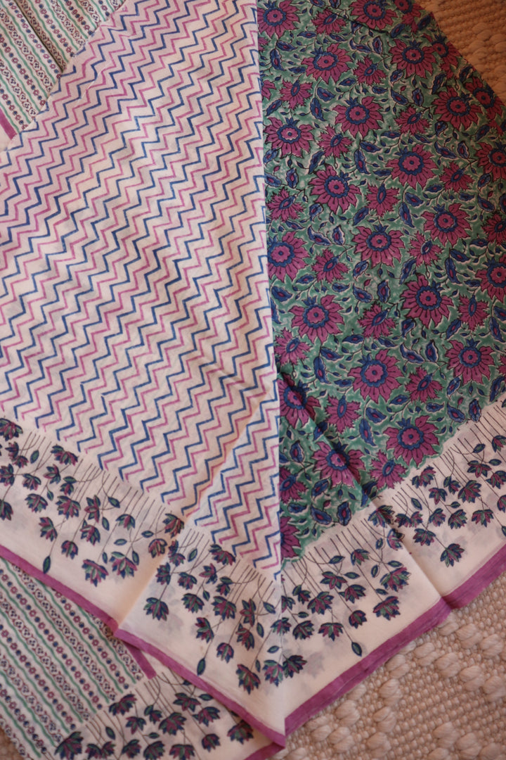 SANGANERI HAND BLOCK PRINTED SOFT MULMUL COTTON SAREE- 006