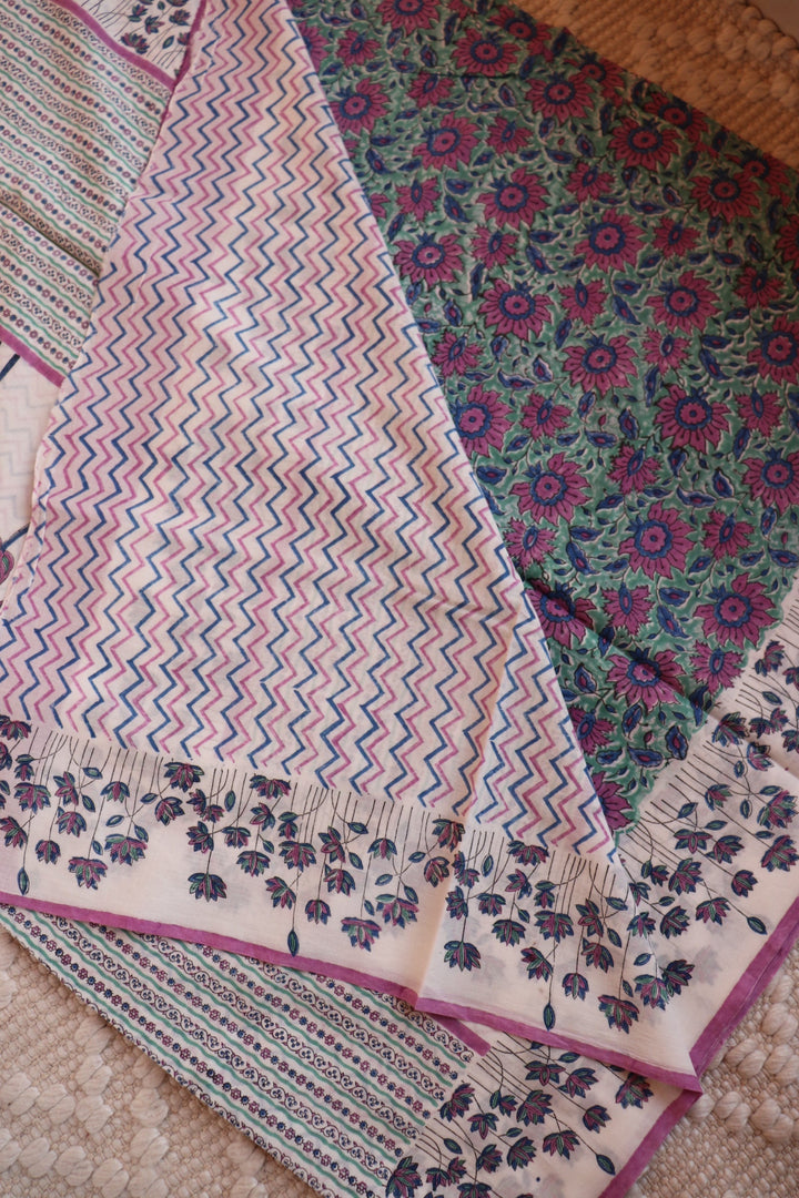SANGANERI HAND BLOCK PRINTED SOFT MULMUL COTTON SAREE- 006