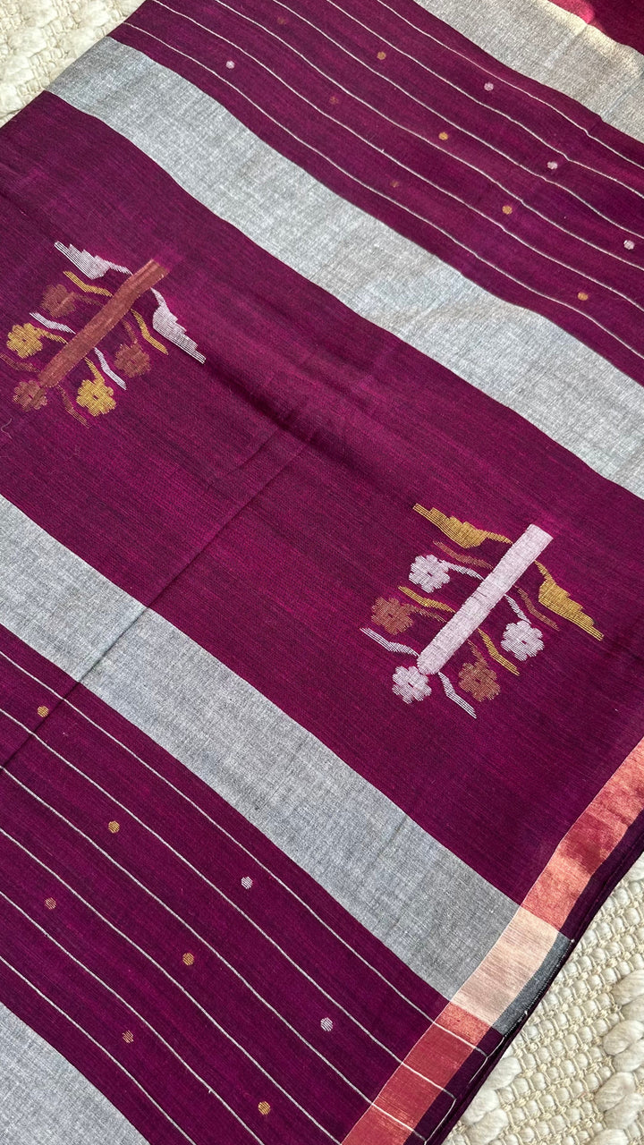 PREMIUM JAMDANI WEAVE HANDWOVEN AND HANDSPUN COTTON SAREE- DEEP MAGENTA