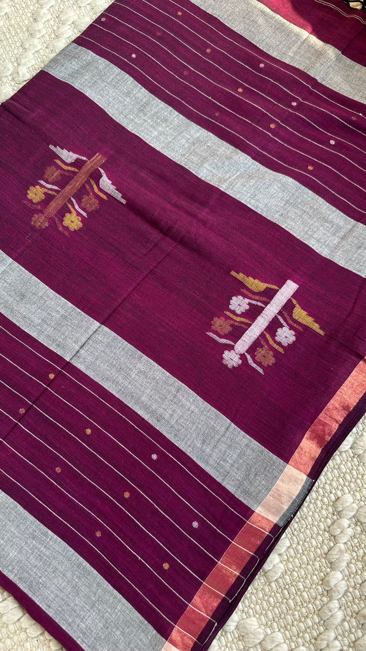 PREMIUM JAMDANI WEAVE HANDWOVEN AND HANDSPUN COTTON SAREE- DEEP MAGENTA