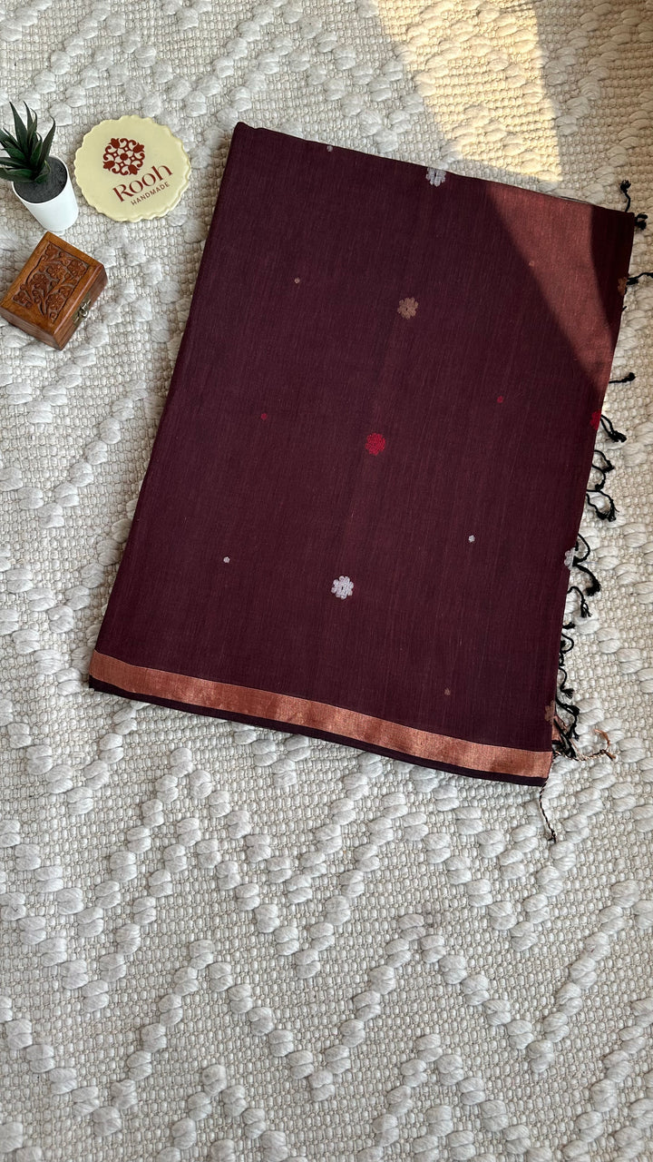 PREMIUM JAMDANI WEAVE HANDWOVEN AND HANDSPUN COTTON SAREE- CHOCO BROWN