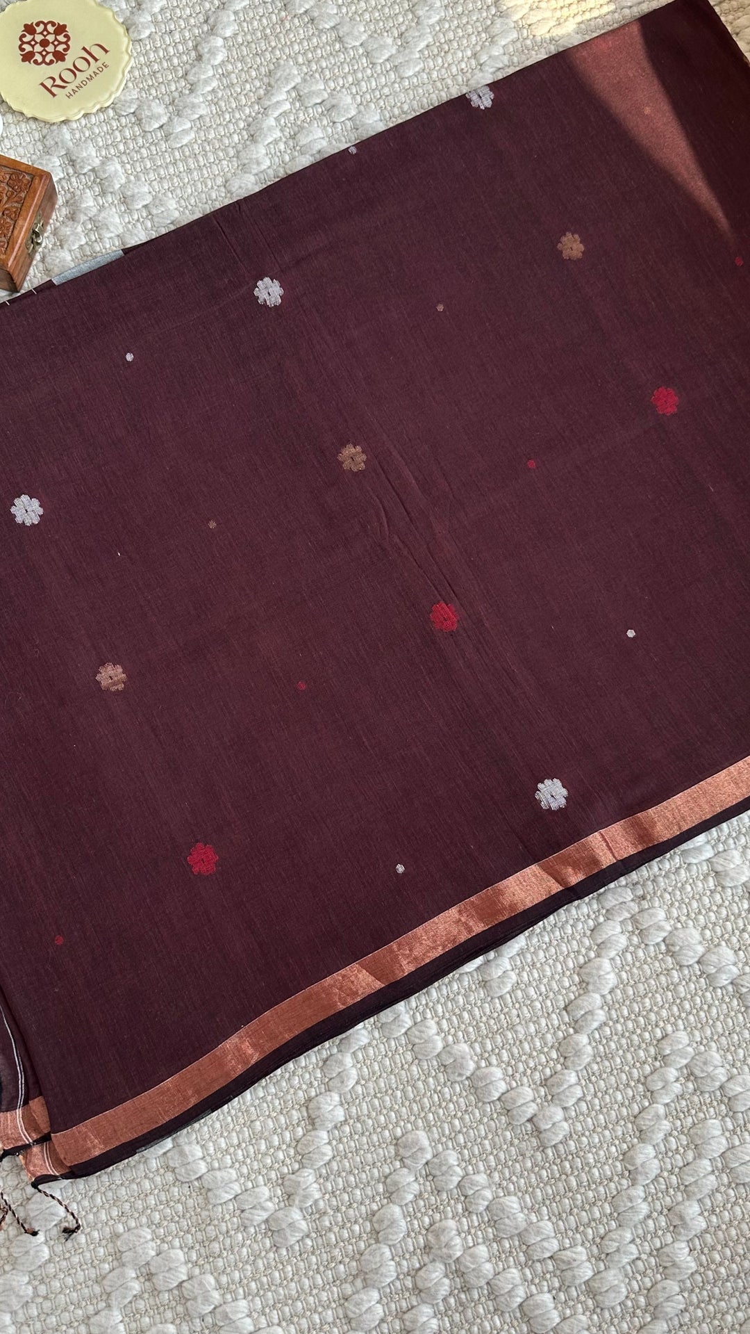 PREMIUM JAMDANI WEAVE HANDWOVEN AND HANDSPUN COTTON SAREE- CHOCO BROWN
