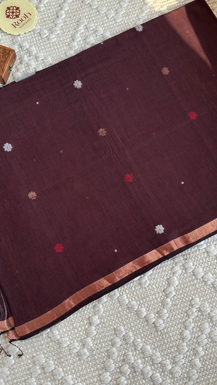 PREMIUM JAMDANI WEAVE HANDWOVEN AND HANDSPUN COTTON SAREE- CHOCO BROWN