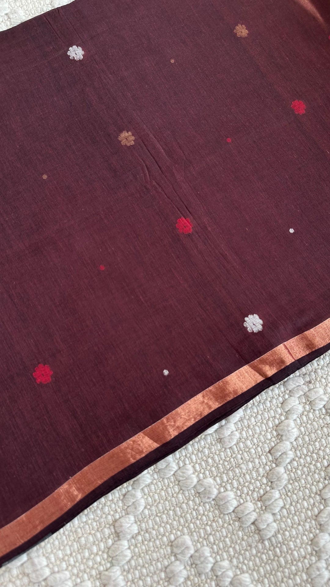 PREMIUM JAMDANI WEAVE HANDWOVEN AND HANDSPUN COTTON SAREE- CHOCO BROWN