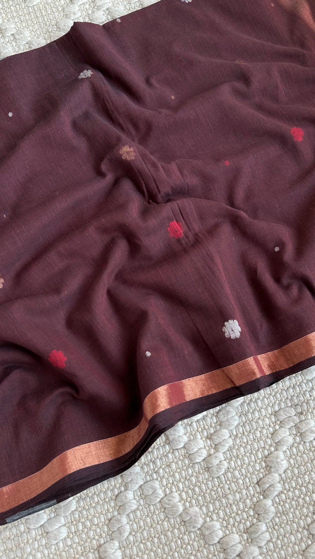 PREMIUM JAMDANI WEAVE HANDWOVEN AND HANDSPUN COTTON SAREE- CHOCO BROWN