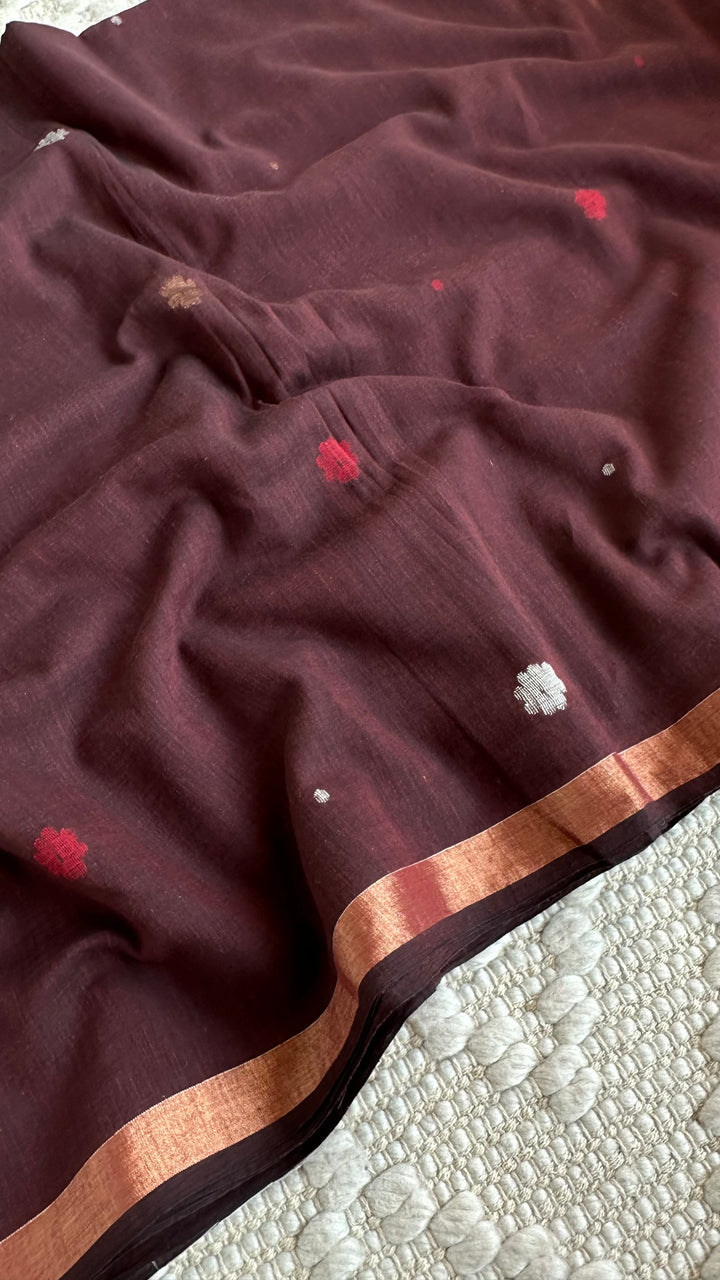 PREMIUM JAMDANI WEAVE HANDWOVEN AND HANDSPUN COTTON SAREE- CHOCO BROWN