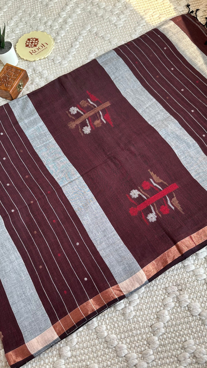PREMIUM JAMDANI WEAVE HANDWOVEN AND HANDSPUN COTTON SAREE- CHOCO BROWN