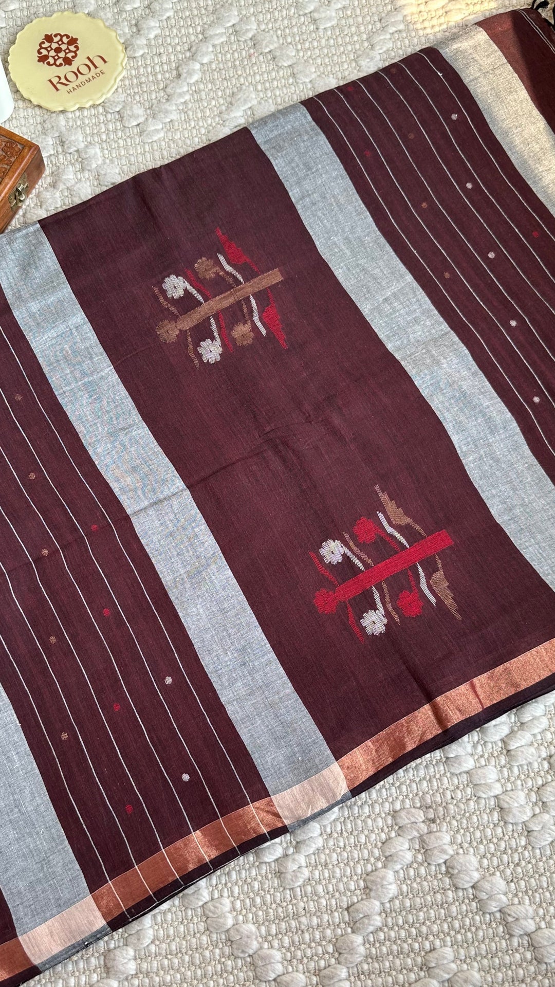 PREMIUM JAMDANI WEAVE HANDWOVEN AND HANDSPUN COTTON SAREE- CHOCO BROWN