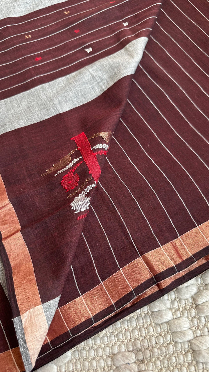 PREMIUM JAMDANI WEAVE HANDWOVEN AND HANDSPUN COTTON SAREE- CHOCO BROWN