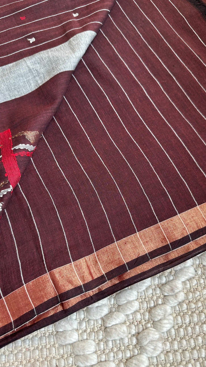 PREMIUM JAMDANI WEAVE HANDWOVEN AND HANDSPUN COTTON SAREE- CHOCO BROWN